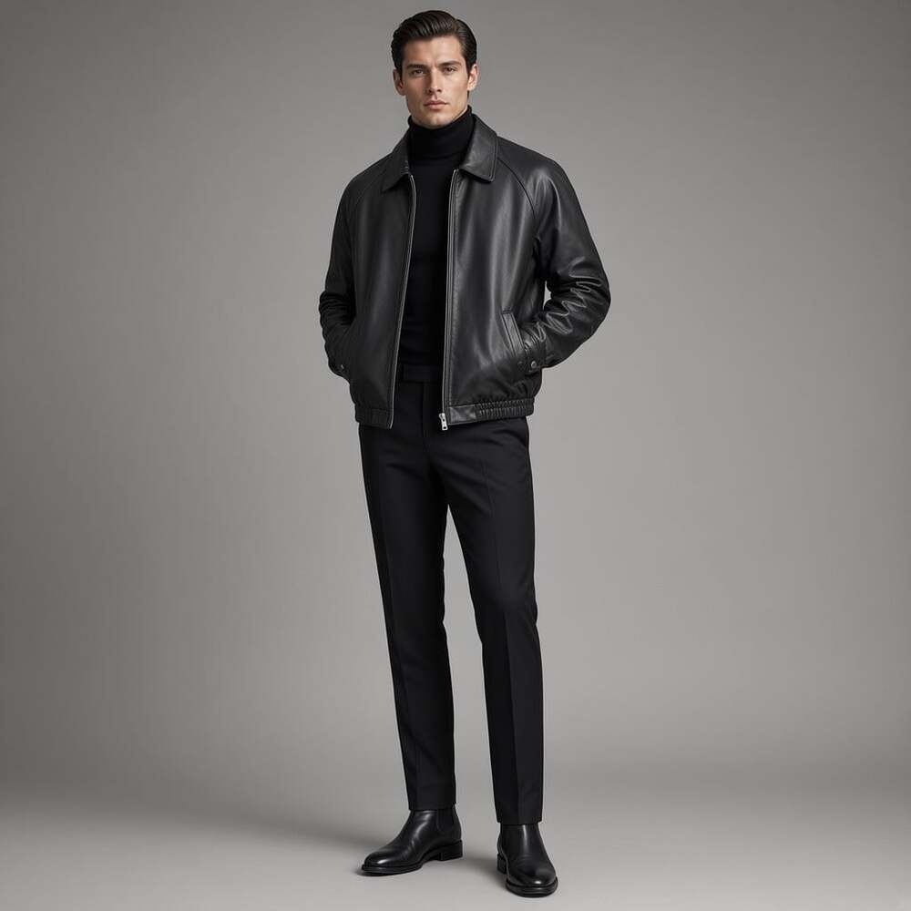 Perry Ellis Portfolio Black Lambskin Leather Bomber Jacket Men's L - Picture 2 of 14